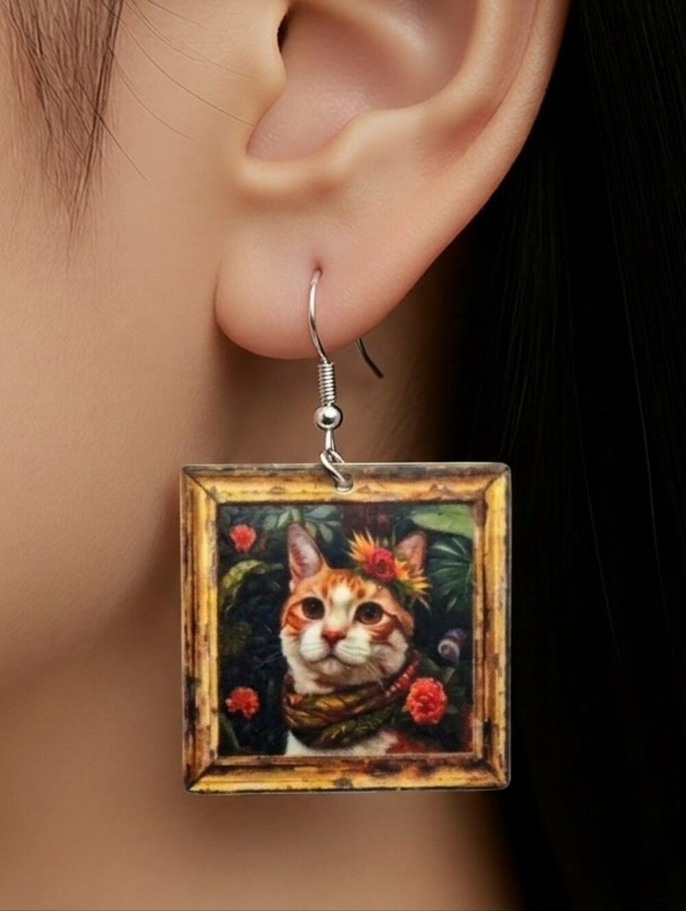 Renaissance Cat Portrait Earrings Orange Tabby Art Dangle Earrings Museum Gift